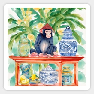 Preppy monkey, lemons and chinoiserie jars Sticker